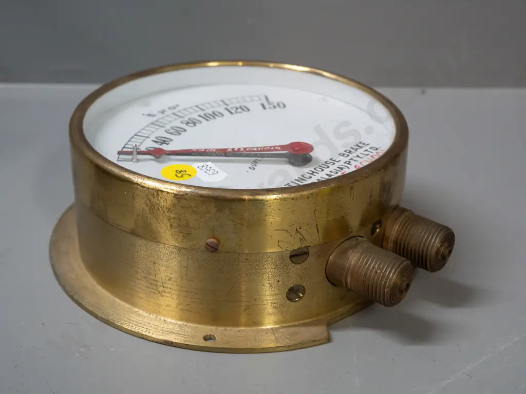Vintage brass & glass pressure gauge, marked Westinghouse Brake [Australasia], apprentice school Hillside Image 1++