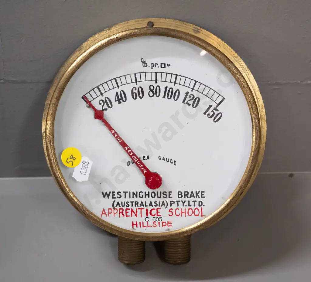 Vintage brass & glass pressure gauge, marked Westinghouse Brake [Australasia], apprentice school Hillside Image 1++