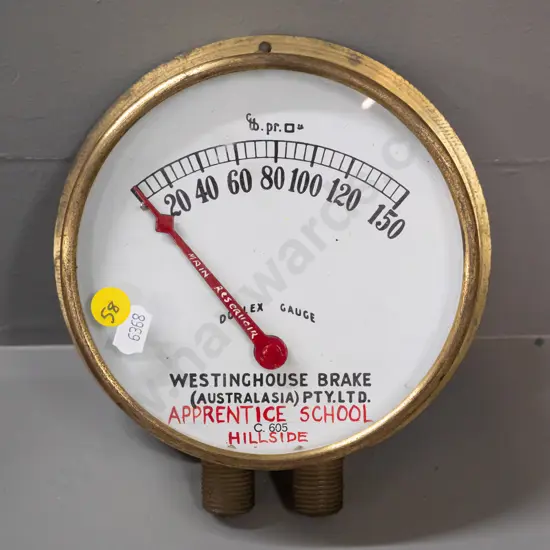 Vintage brass & glass pressure gauge, marked Westinghouse Brake [Australasia], apprentice school Hillside