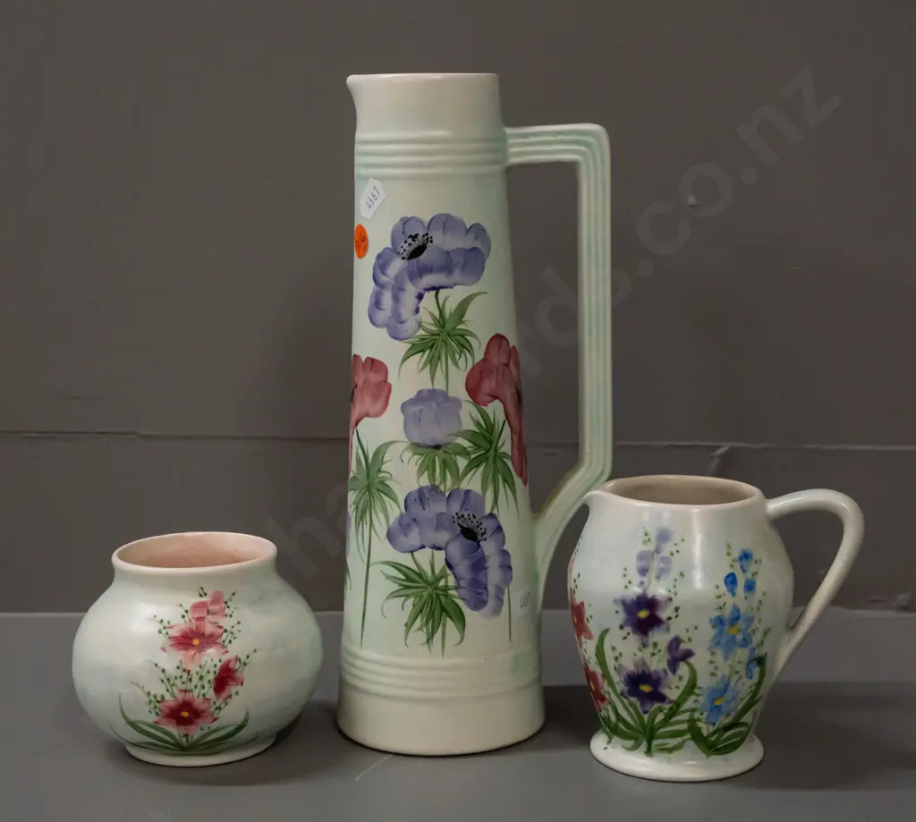 3 pieces of hand painted E. Radford English pottery - 2 jugs and a squat vase - largest is H-280 Image 1++