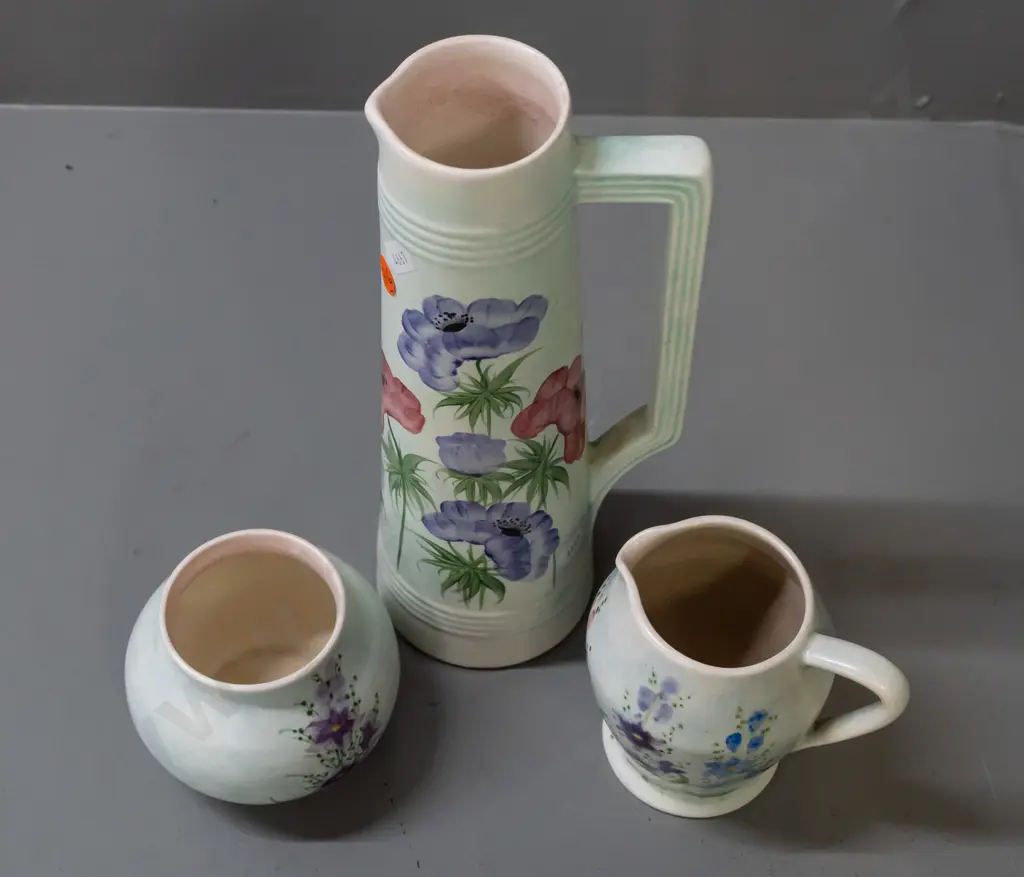3 pieces of hand painted E. Radford English pottery - 2 jugs and a squat vase - largest is H-280 Image 1++