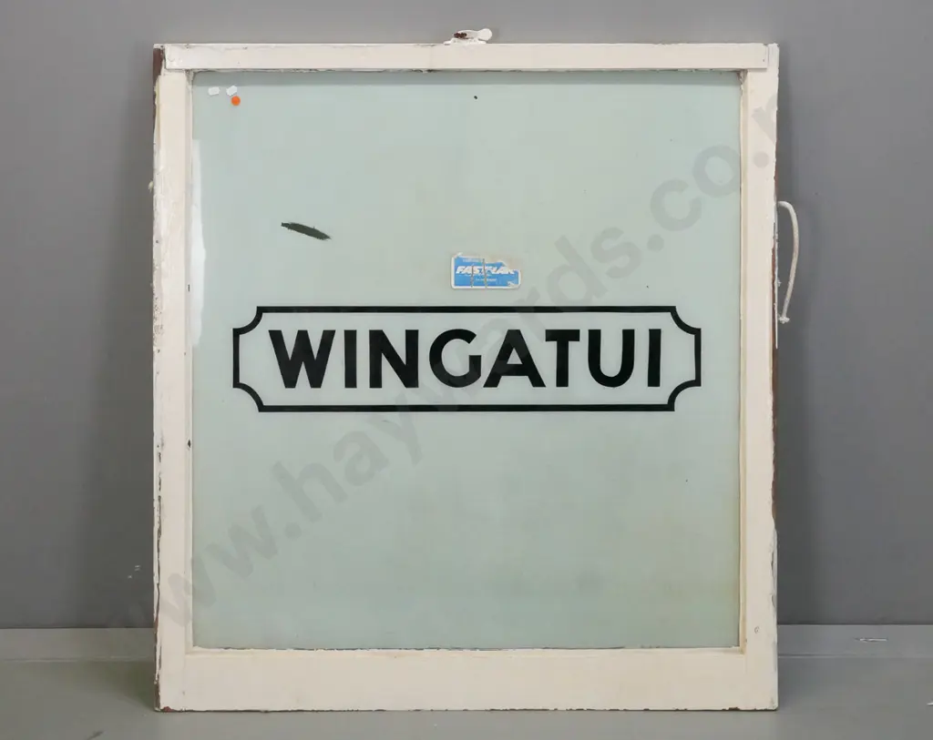 part sash window marked "Wingatui" - ex railway station, some loss to frosted glass finish, wear to paint. H-1030 W-970 Image 1++