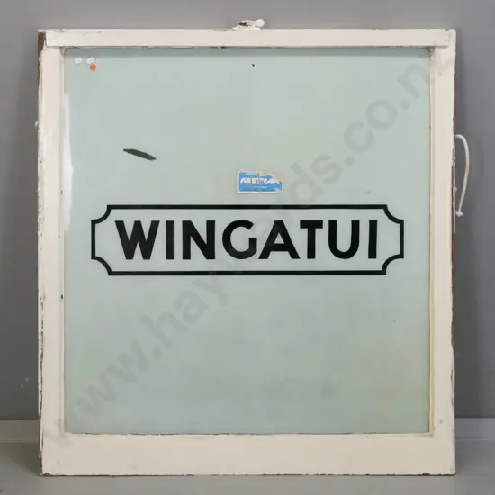 part sash window marked "Wingatui" - ex railway station, some loss to frosted glass finish, wear to paint. H-1030 W-970
