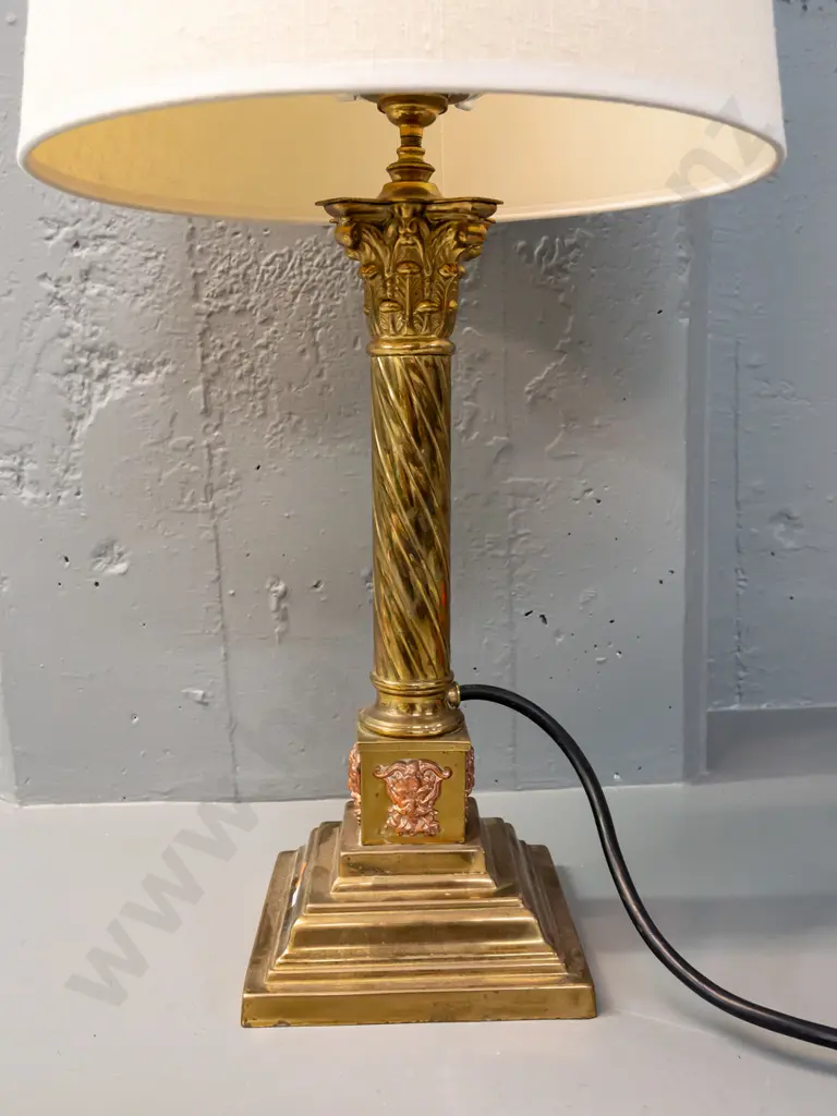 brass table lamp - square section base, twisted column & Corinthian capital, applied figural heads - not going, wiring Image 1++