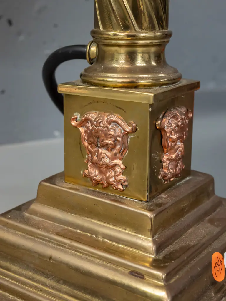 brass table lamp - square section base, twisted column & Corinthian capital, applied figural heads - not going, wiring Image 1++