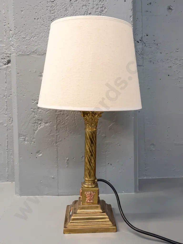 brass table lamp - square section base, twisted column & Corinthian capital, applied figural heads - not going, wiring Image 1++