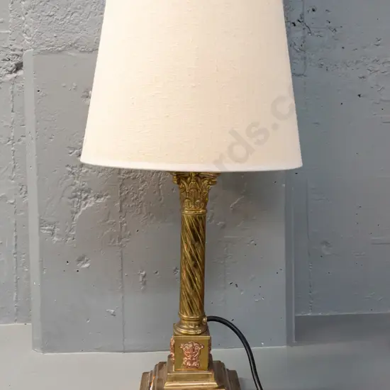 brass table lamp - square section base, twisted column & Corinthian capital, applied figural heads - not going, wiring