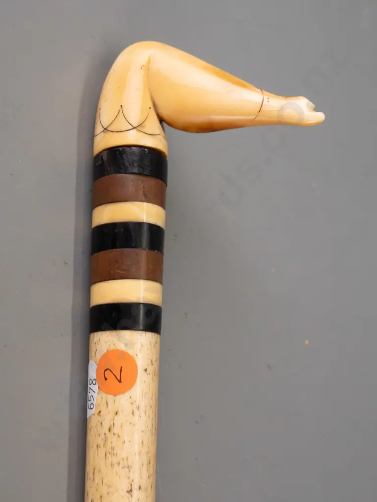 walking stick made from unknown bone or composite with carved bone handle, discs of hardwood and bone - missing ferrule, Image 1++