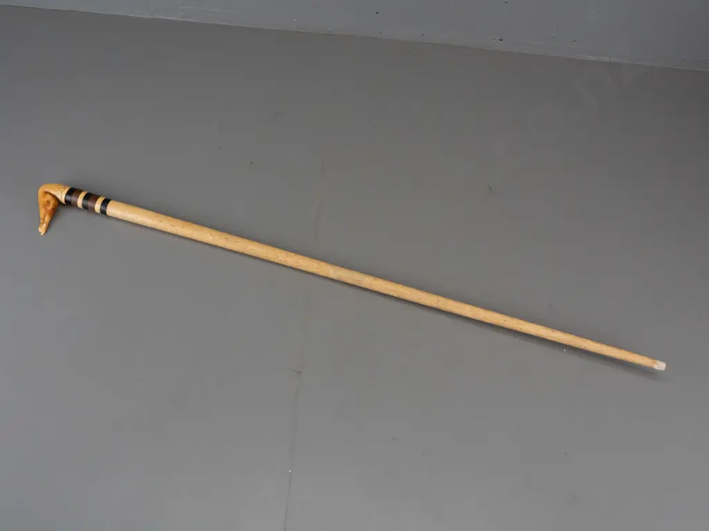 walking stick made from unknown bone or composite with carved bone handle, discs of hardwood and bone - missing ferrule, Image 1++