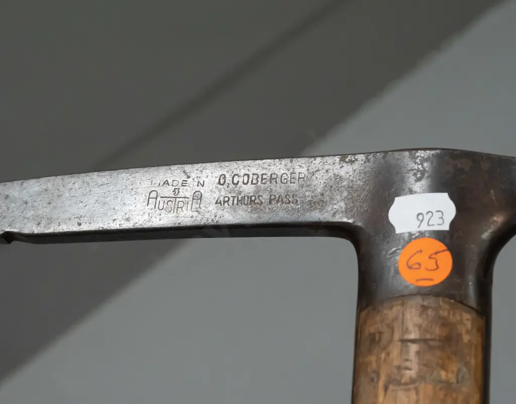 vintage ice axe - marked Made in Austria, maker O. Coberger and "Arthur's Pass" - tip sleeve has impressed "D. Kiddey" Image 1++