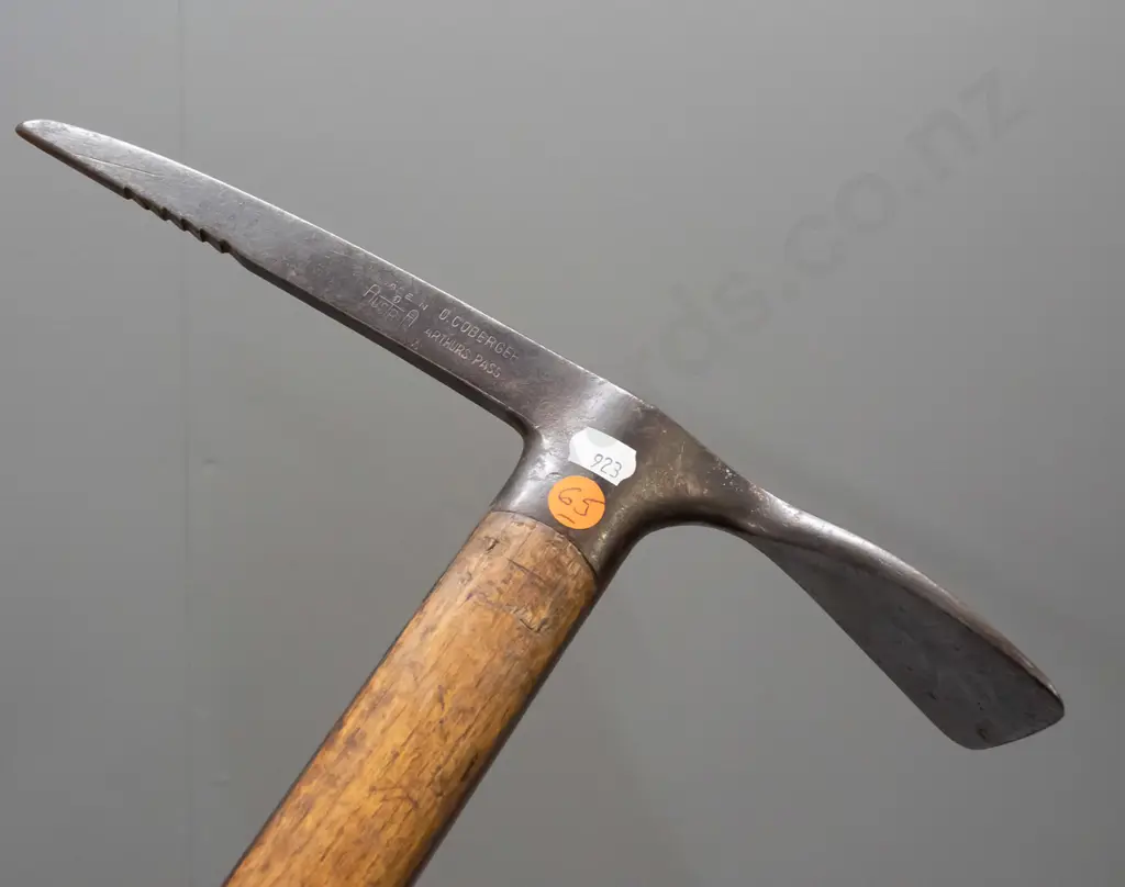 vintage ice axe - marked Made in Austria, maker O. Coberger and "Arthur's Pass" - tip sleeve has impressed "D. Kiddey" Image 1++