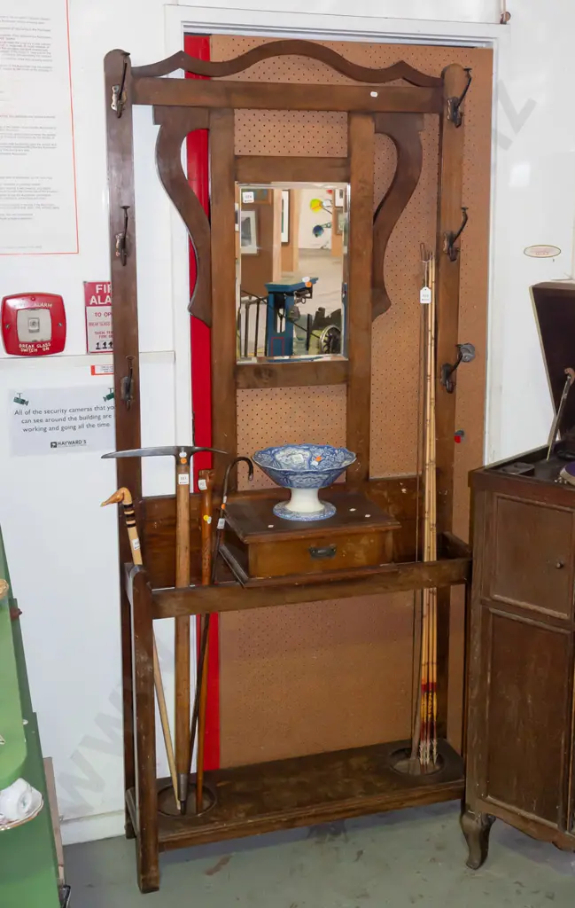 nouveau style beech hall stand with bevelled edge mirror, 6 cast metal hooks, central drawer, 2 umbrella stand trays - Image 1++