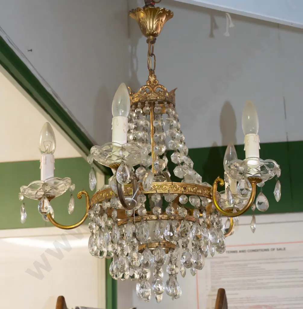 retro ceiling light fitting, brass finish cast metal with glass lustres, 5x faux candle light fittings Image 1++