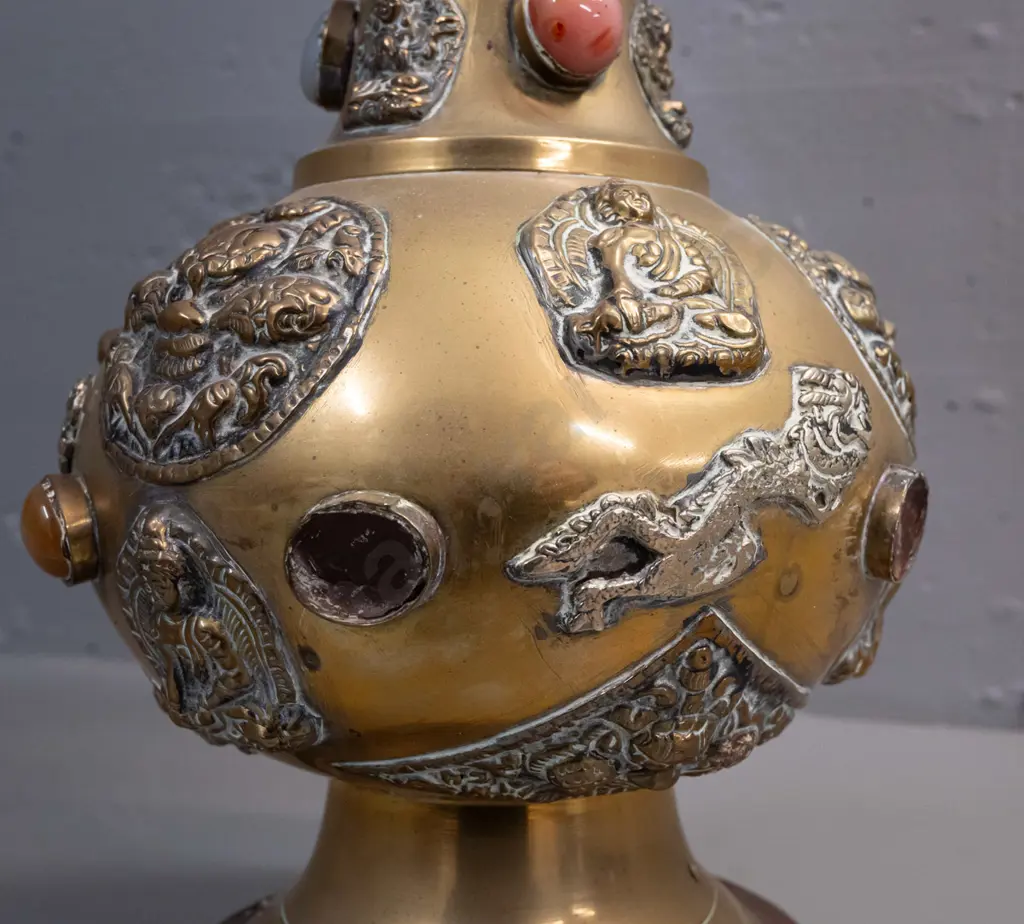brass table lamp with applied Buddha and mythical beast decoration and inset stone or glass cabuchons - 3 are missing. Image 1++