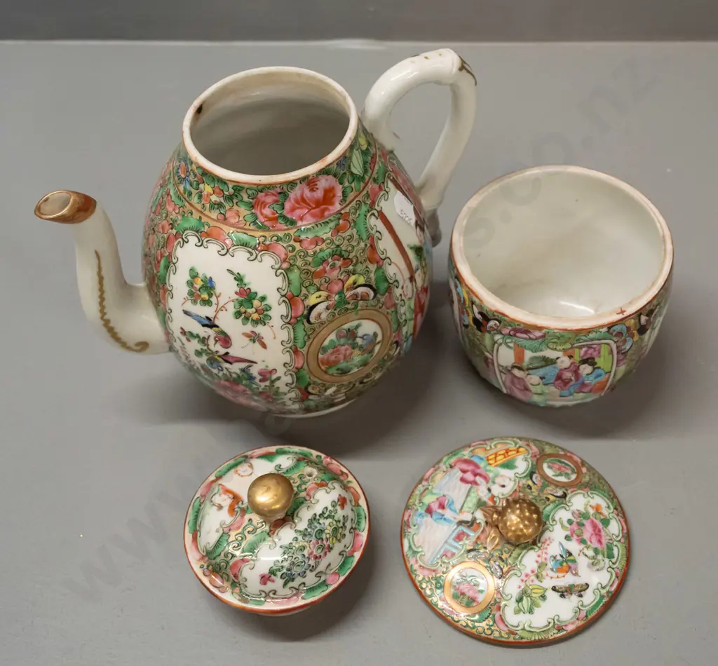 2 pieces of Cantonese china with raised enamel decoration - teapot and a lidded canister. Teapot has repaired chip to Image 1++
