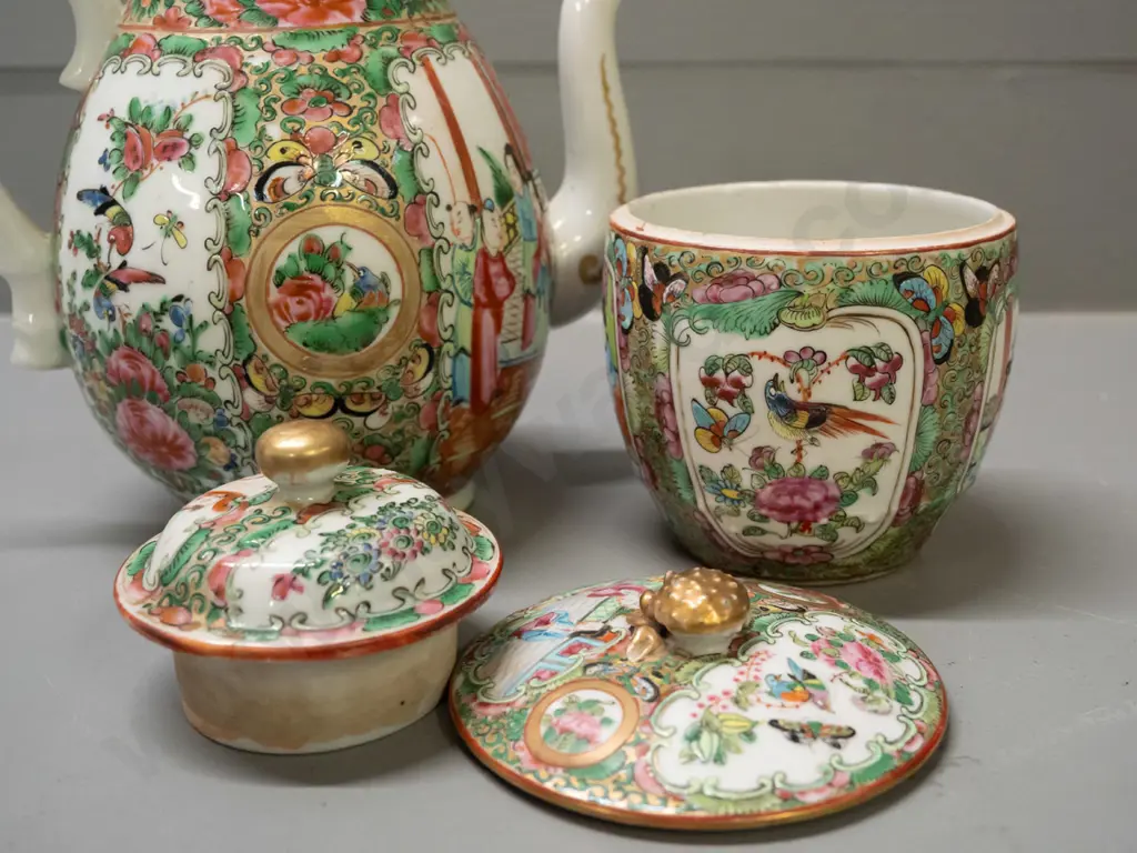 2 pieces of Cantonese china with raised enamel decoration - teapot and a lidded canister. Teapot has repaired chip to Image 1++