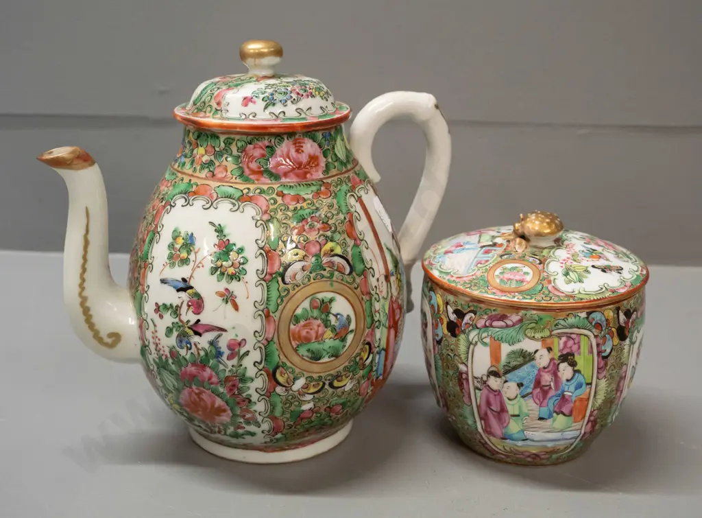 2 pieces of Cantonese china with raised enamel decoration - teapot and a lidded canister. Teapot has repaired chip to Image 1++