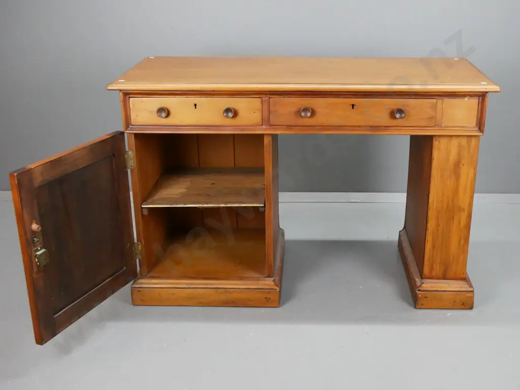 1890s kauri small desk with pedestal cupboard, 3 drawers, alterations to right side with pedestal covered over, filled Image 1++