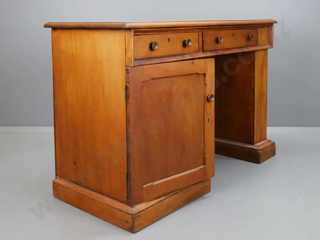 1890s kauri small desk with pedestal cupboard, 3 drawers, alterations to right side with pedestal covered over, filled Image 1++