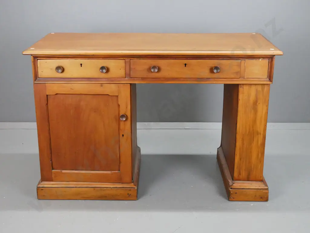 1890s kauri small desk with pedestal cupboard, 3 drawers, alterations to right side with pedestal covered over, filled Image 1++