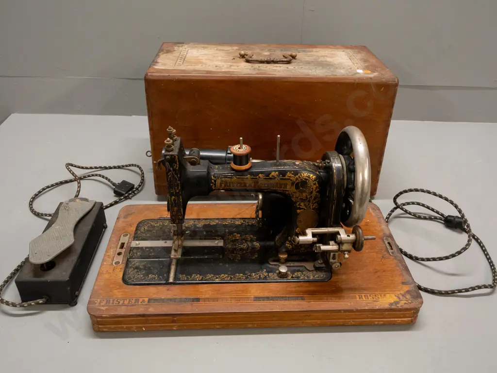 vintage German Frister & Rossmann sewing machine with British made electric motor, with switch pedal, in walnut veneered Image 1++