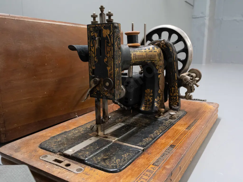 vintage German Frister & Rossmann sewing machine with British made electric motor, with switch pedal, in walnut veneered Image 1++