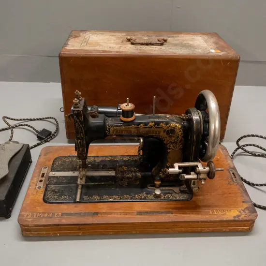 vintage German Frister & Rossmann sewing machine with British made electric motor, with switch pedal, in walnut veneered