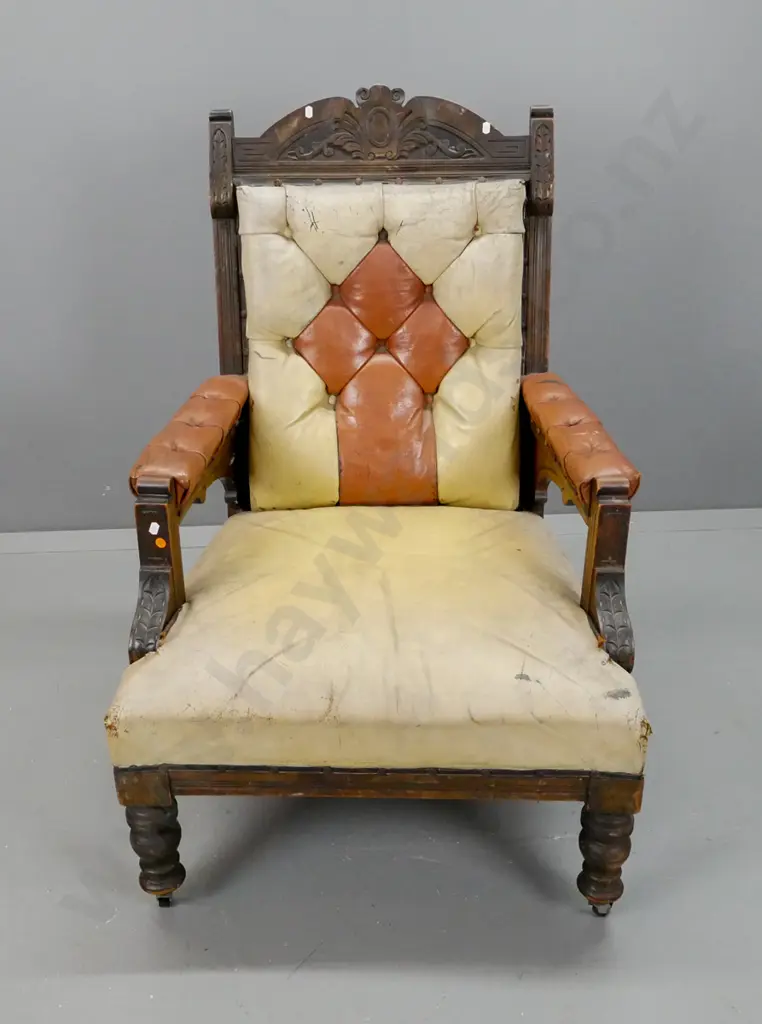 Victorian dark stained kauri & rimu open-arm leather upholstered armchair w/deep button back, fan shaped arm brackets, Image 1++