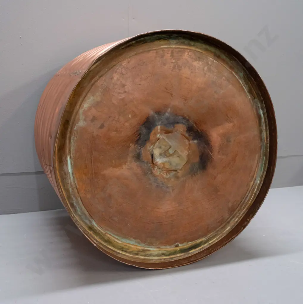 ribbed copper wood bin - no feet, original plumbing holes patched on sides and bottom H-400 D-440 Image 1++