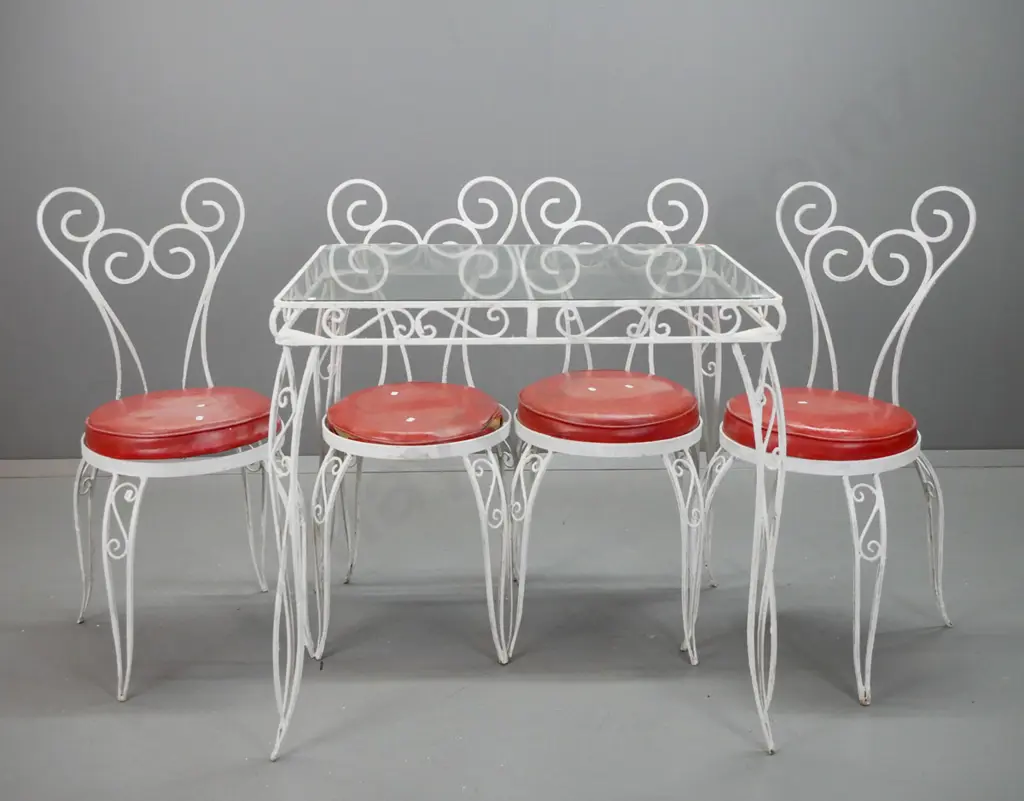 retro white painted metal patio set with scroll decoration and chair backs - rectangular glass topped table and 4 chairs Image 1++