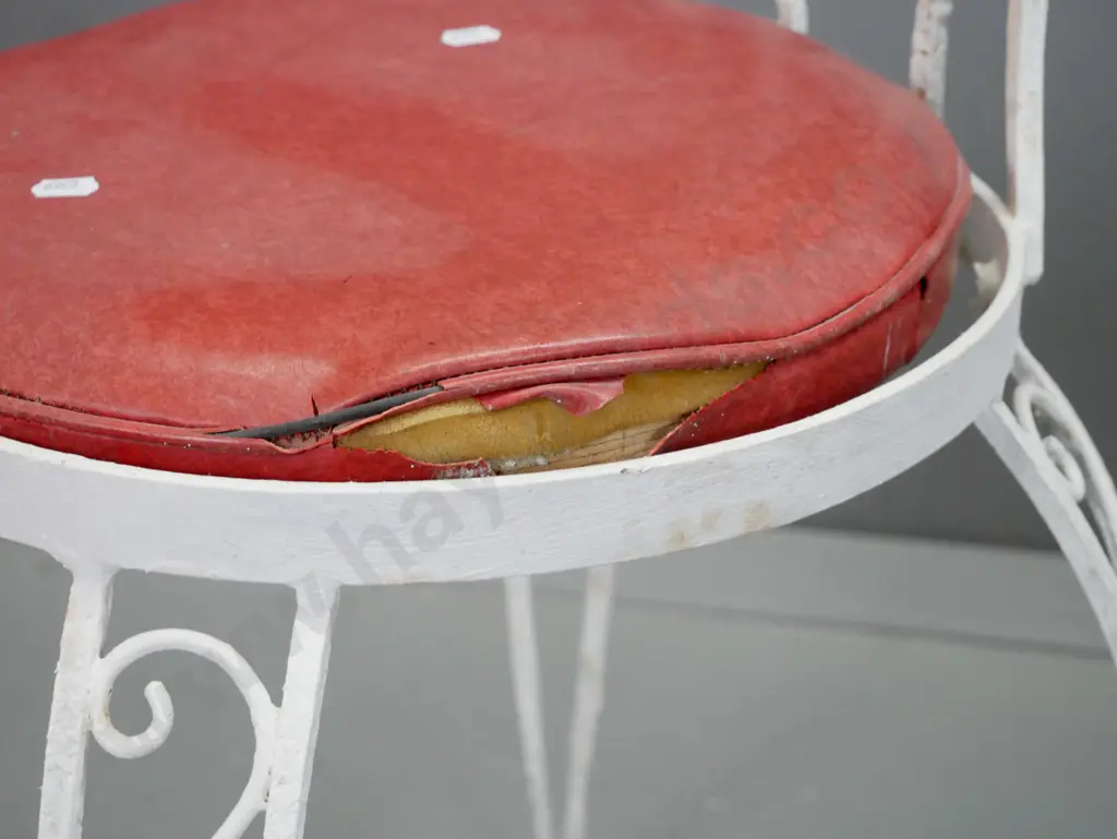 retro white painted metal patio set with scroll decoration and chair backs - rectangular glass topped table and 4 chairs Image 1++