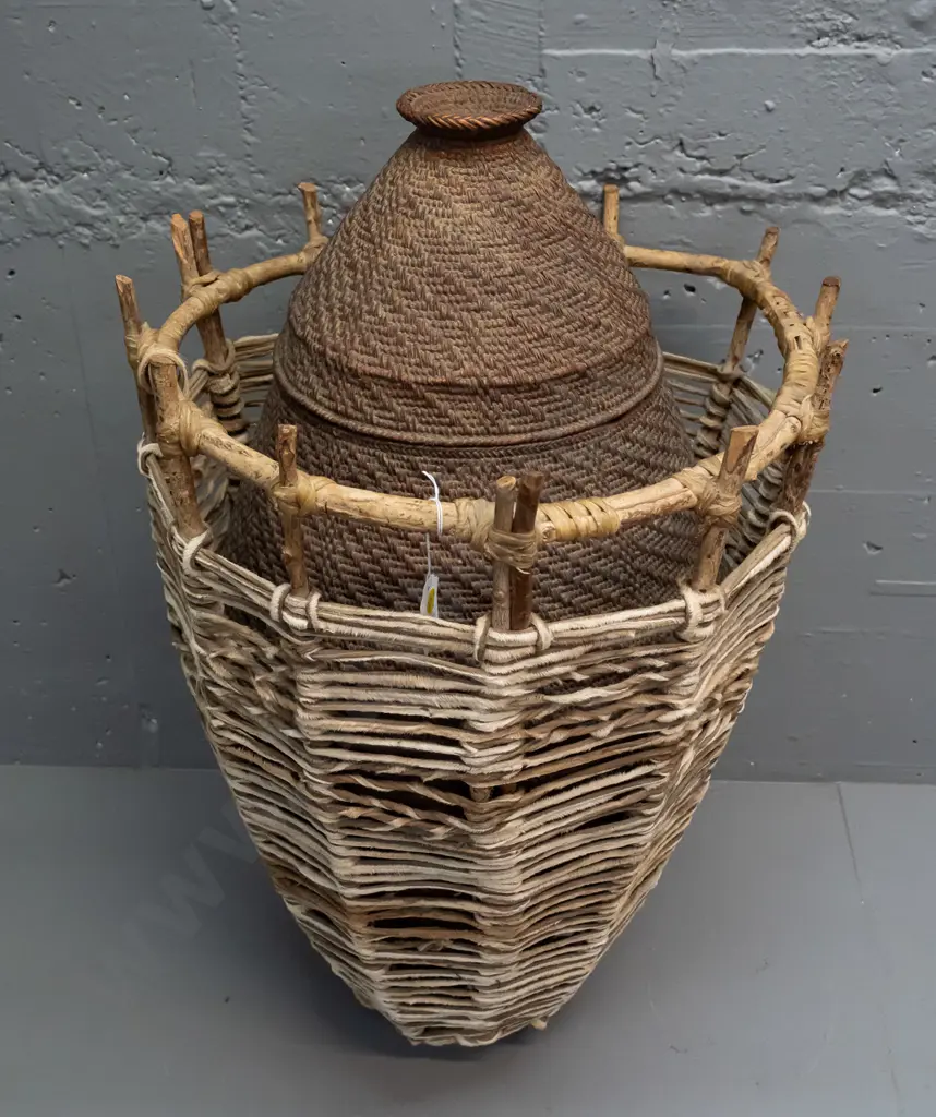 large Somali woven cane, twig and hide camel milk container and outer holder - purchased 1993 in Mogadishu - inside has Image 1++