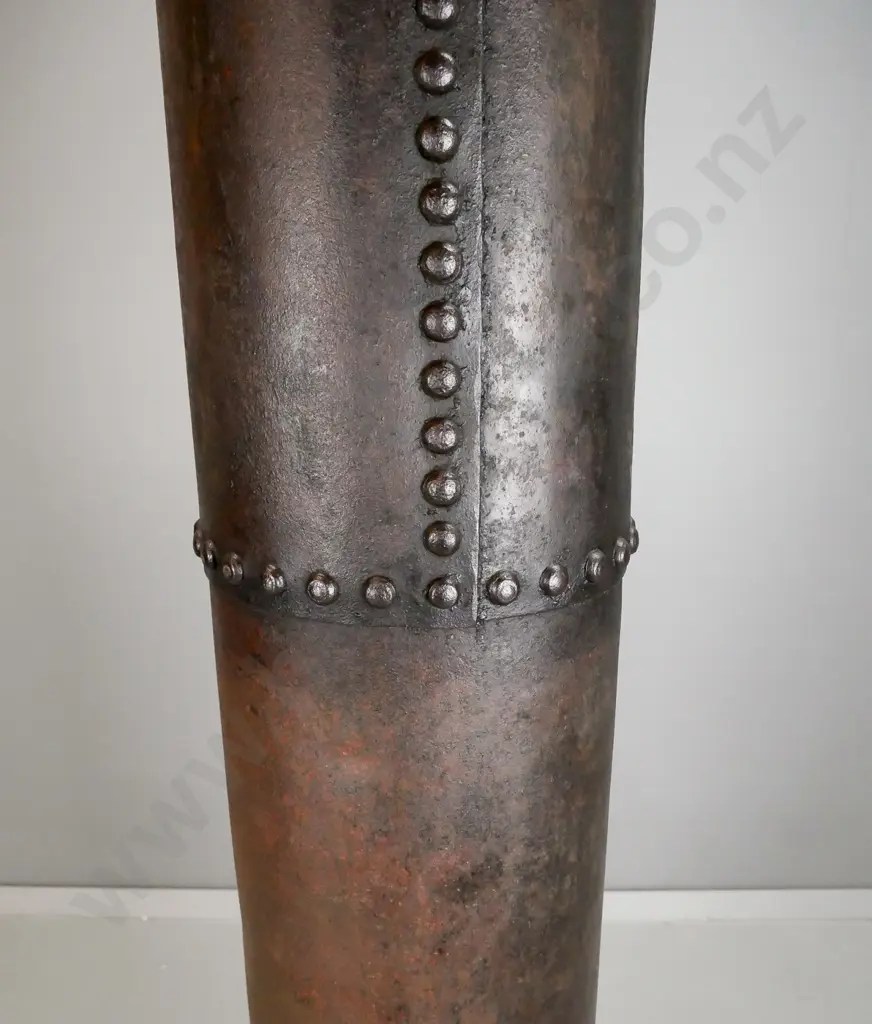 section of riveted iron sluicing pipe, with cast iron collar, ex Bannockburn Sluicings according to note - overall aged Image 1++