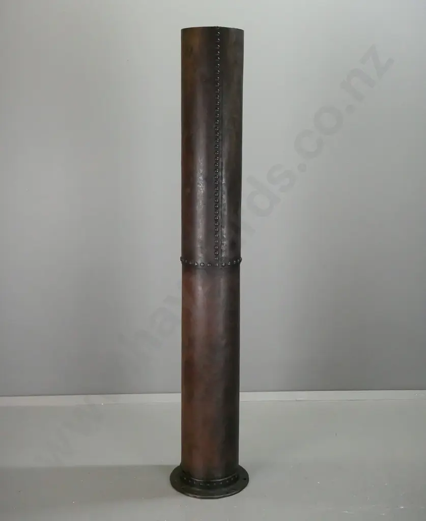 section of riveted iron sluicing pipe, with cast iron collar, ex Bannockburn Sluicings according to note - overall aged Image 1++