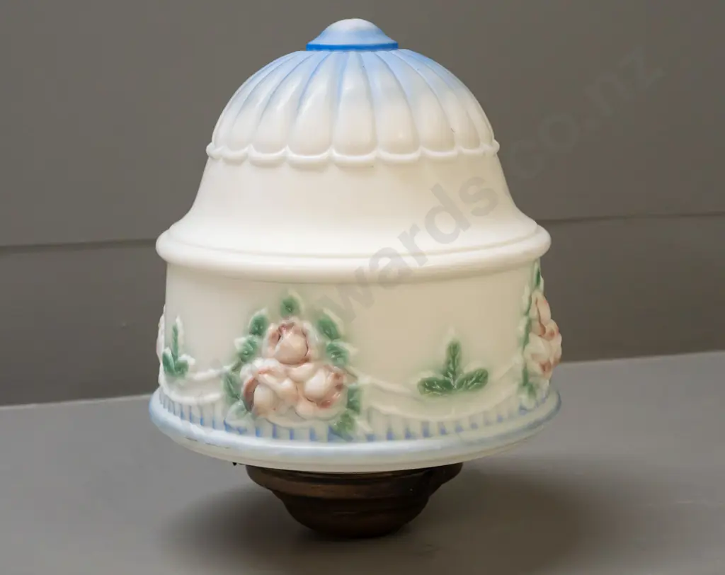 vintage moulded milk glass hanging light fitting w/ hand painted decoration, with brass journal H-240 D-210 Image 1++