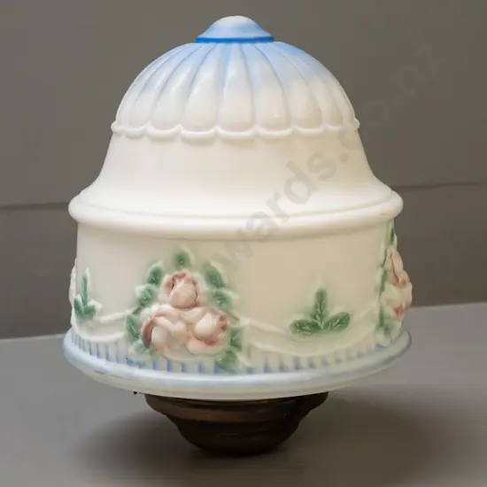 vintage moulded milk glass hanging light fitting w/ hand painted decoration, with brass journal H-240 D-210