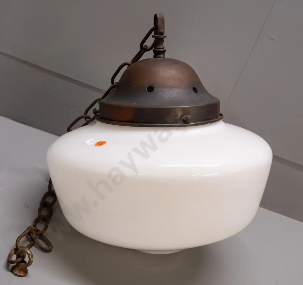 vintage milk glass hanging light fitting w/ brass journal and chain H-290 D-290 Image 1++