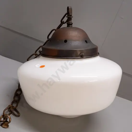 vintage milk glass hanging light fitting w/ brass journal and chain H-290 D-290