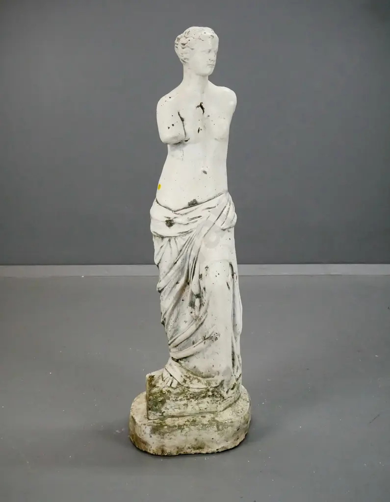 heavy cast concrete white painted Venus garden statue - some chips, paint wear and moss/lichen H-950 Image 1++