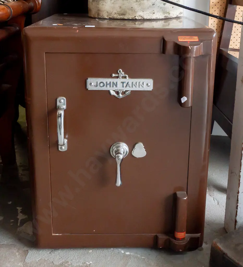 vintage John Tann / Reliance safe with chrome handle and latch, inner drawer, with working key. Some scratching to brown Image 1++