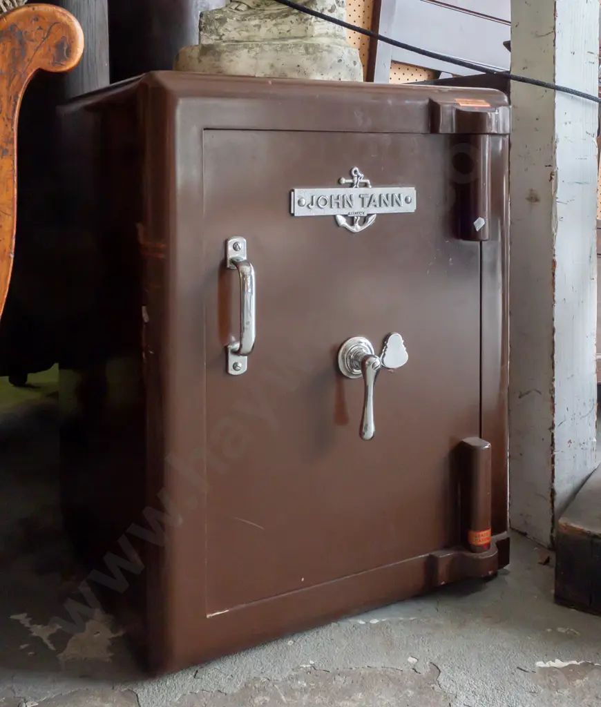 vintage John Tann / Reliance safe with chrome handle and latch, inner drawer, with working key. Some scratching to brown Image 1++