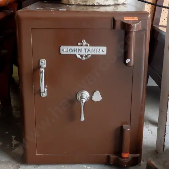 vintage John Tann / Reliance safe with chrome handle and latch, inner drawer, with working key. Some scratching to brown