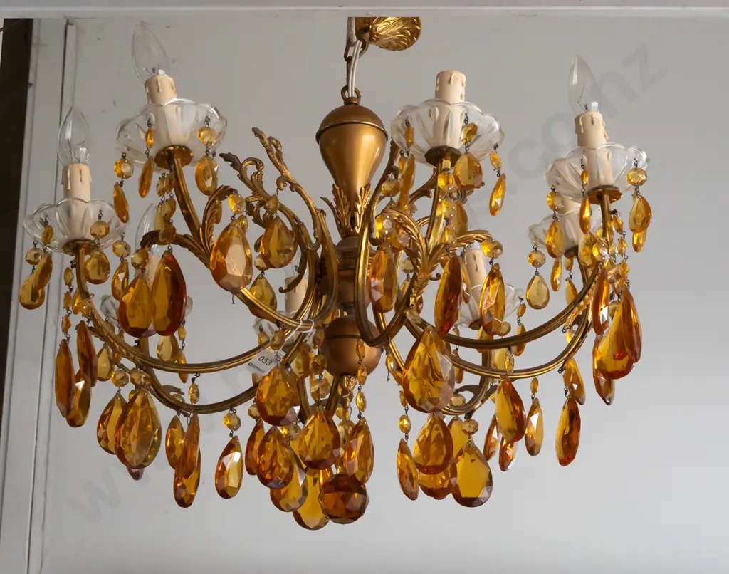 retro ceiling light fitting, brass finish cast metal w/amber glass drops, 8x faux candle light fittings Image 1++