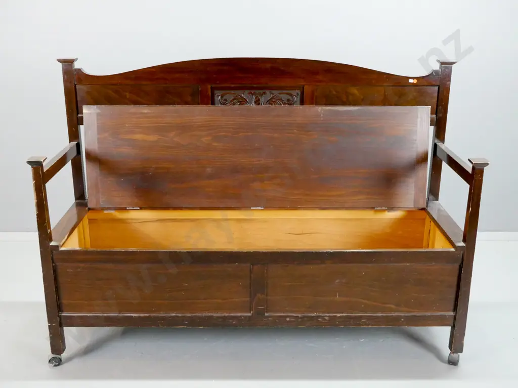 nouveau style New Zealand kauri settle with beech panels, carved back above shaped slats, open arm sides, lift-up Image 1++