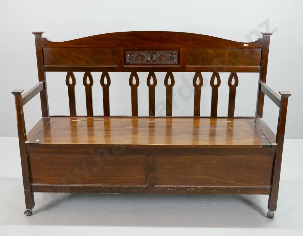 nouveau style New Zealand kauri settle with beech panels, carved back above shaped slats, open arm sides, lift-up Image 1++