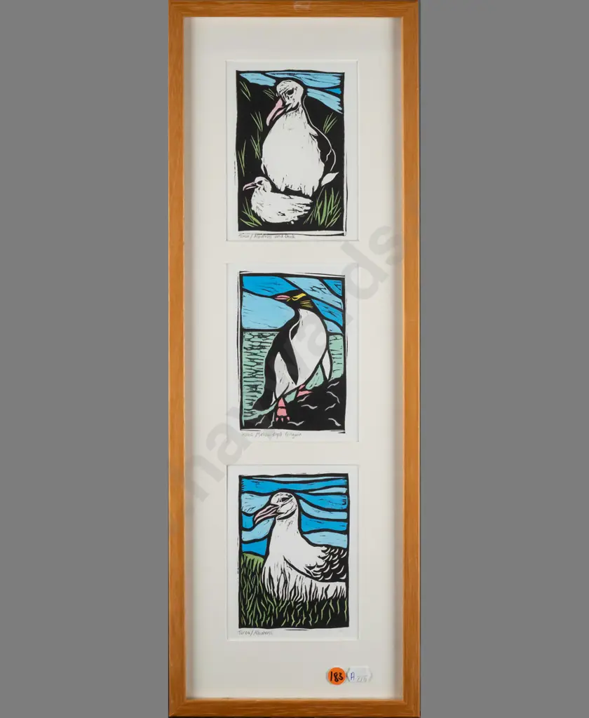 Liz Abbott - framed group of 3 hand painted woodcuts - albatross & penguin H440 W85 Image 1++