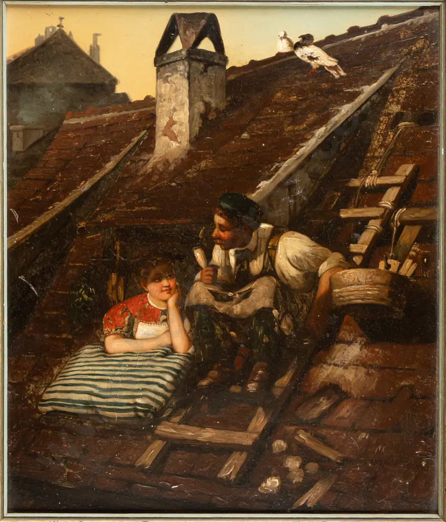 framed oil on board - people on roof H270 W230 Image 1++