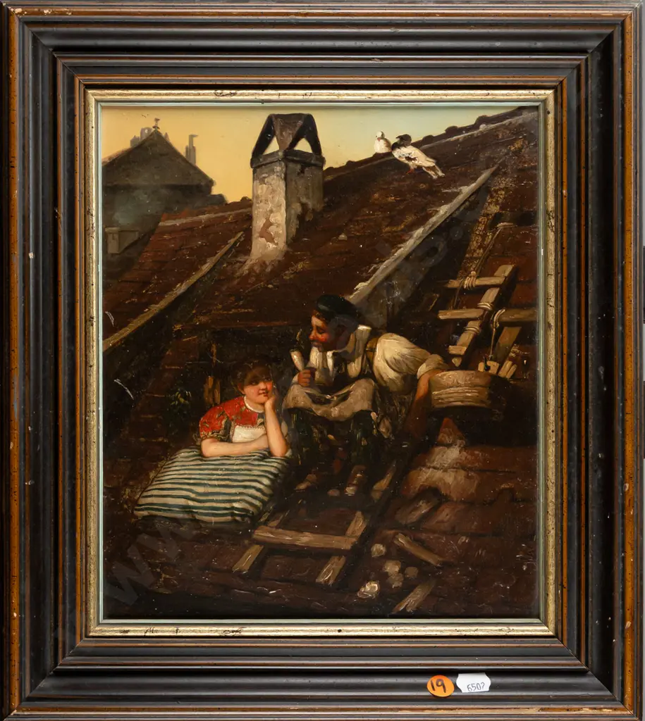 framed oil on board - people on roof H270 W230 Image 1++