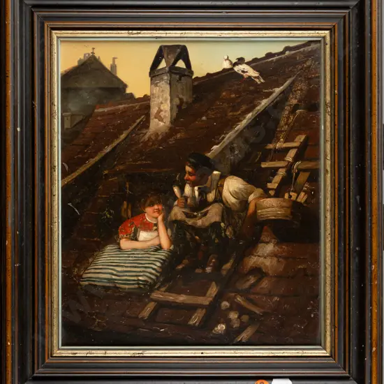 framed oil on board - people on roof H270 W230