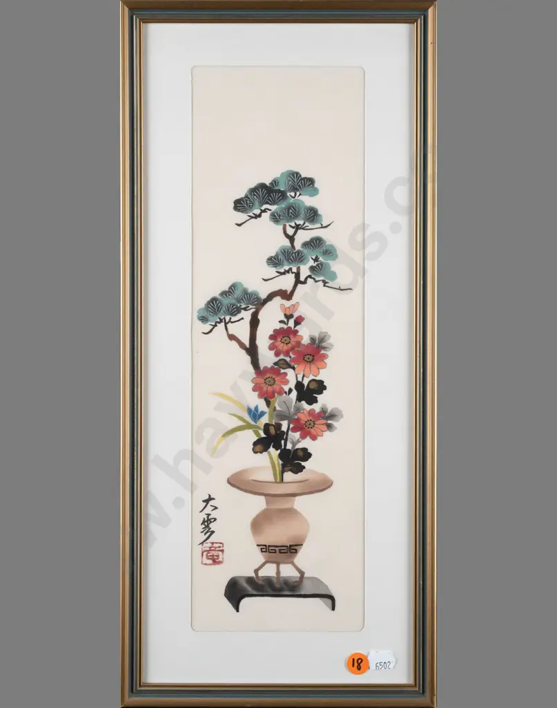 framed Asian watercolour - flowers in vase H350 W110 Image 1++